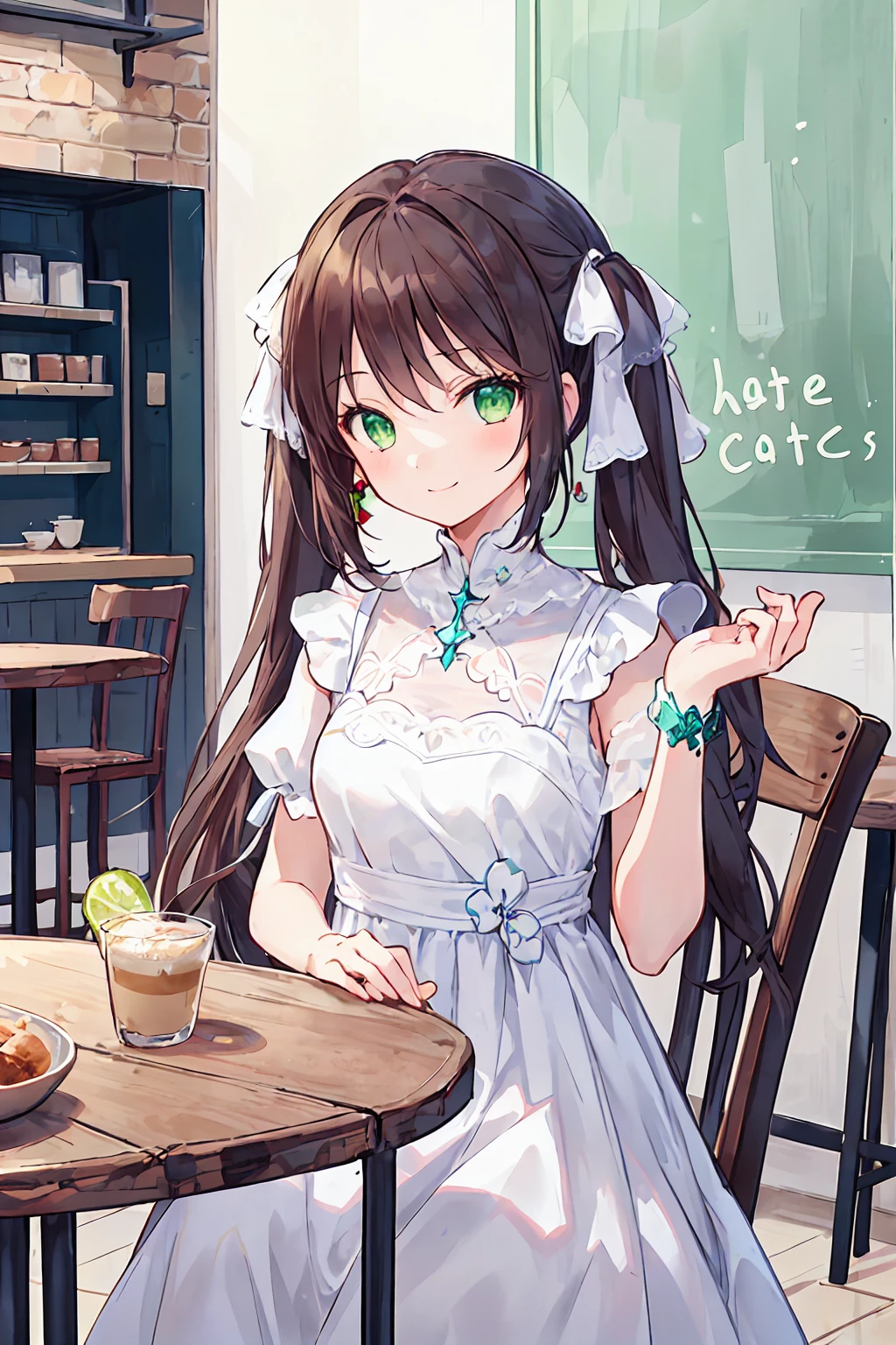 One Girl,Jewel Eyes,Beautiful arrangements and motifs、Few、Game character design、Written boundary depth , wonderful, beauty、Transparency、Game character design、(One Girl:1.0)、Brown Hair、Twin tails、Straight hair、cute、Upper Body、Green Eyes、Inside the cafe、Cafe Background、Sit on a chair，(White dress:1.5)、front、smile、cool