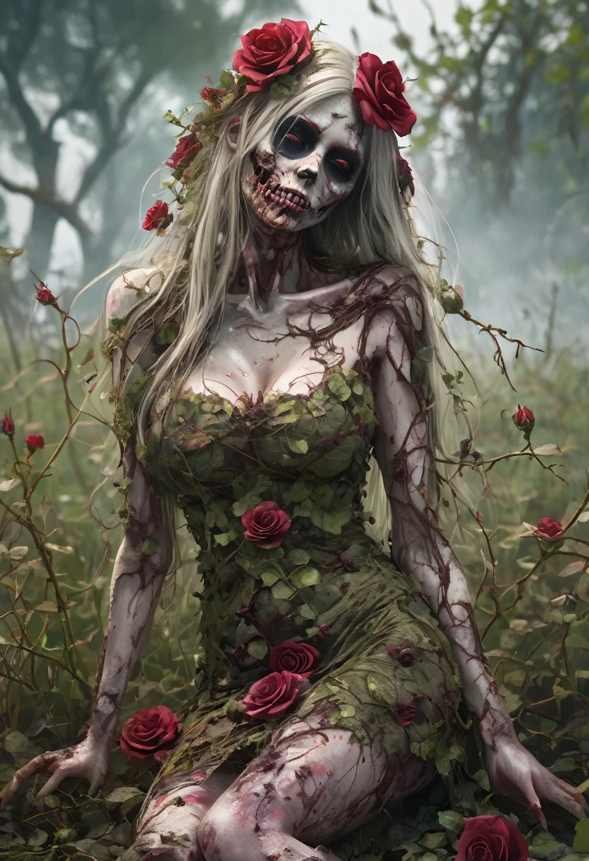 Thorny rose vines entwining around the body of a female zombie:2.0、Wearing a dirty and damaged floral dress、Detailed decayed eyes、Detailed collapsed lips、Highly detailed skull-like face、Pale grass-colored skin、Sunken eye sockets、Big Breasts、Big Butt、The skin of the female zombie&#39;s body is marred by rose thorns、(A struggling female zombie holds up her arms to show her armpits:1.4)、Dark and gritty、Cinematic lighting、High contrast、Gloomy atmosphere、Super detailed、8K、Photorealistic、masterpiece、Horror、Gothic、victorianstyle