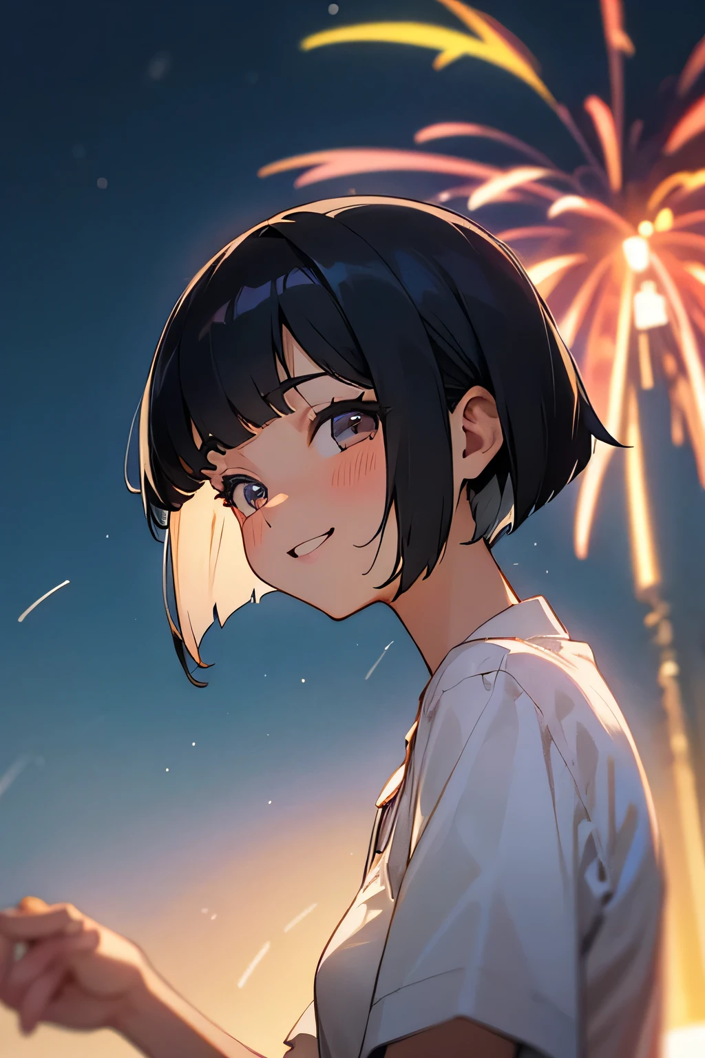 20-year-old female、cute、Black Hair、Bob hairstyle、Wearing a yukata、summer night、Watching fireworks、Night Sky、smile