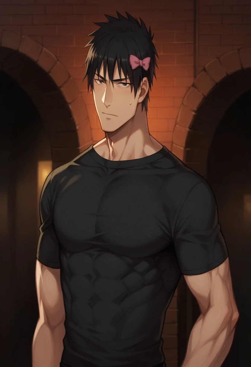 a man with a pink bow standing in front of a brick wall, hijikata toushirou of gintama, shuushuu anime image, muscular!!, okata kazuto, muscular!, kentaro miura style, miura kentaro style