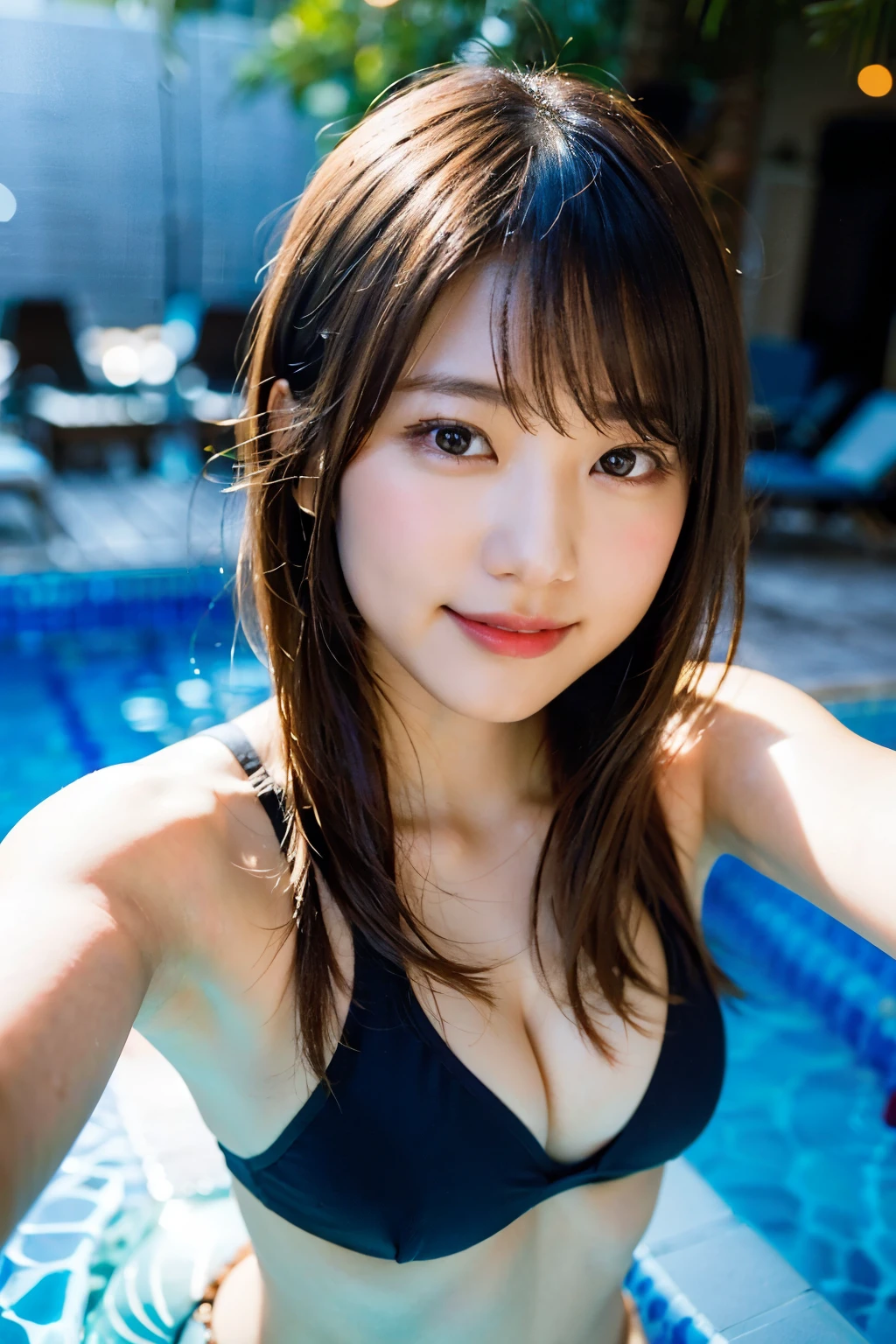 (Upper body selfie:1.3)、Summer Street Corner、Beautiful poolside sunset as background、Sunshine shining、Remove the beam from above、In natural light、Generate images of beautiful women from around the world、Especially while reflecting elements of Western beauty。A woman with a natural smile and attractive facial expression、Clear skin、Shining Eyes、Express a relaxed atmosphere。alone、Swimwear、flip flops、sunglasses、No gloves、Poolside atmosphere、(8K quality、Tabletop、Highest quality、Ultra-high resolution output images)、(Highly detailed RAW photos:1.3)、(Picture Mode Ultra HD)