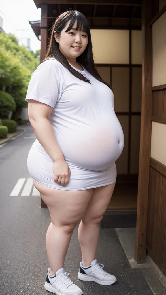 realistic depiction、super obeseのjapanese woman、super obese、Weight 300kg、very fat woman、japanese woman、laughter、Tight Skirt、outdoor、a bit、little woman、His height is only 145cm、short legs、go pro Japanese ssbbw, non nude, full shot, very beautiful face, super obese, full body, sweat parker, sneaker,, super obese japanese, gigantic 、super big belly