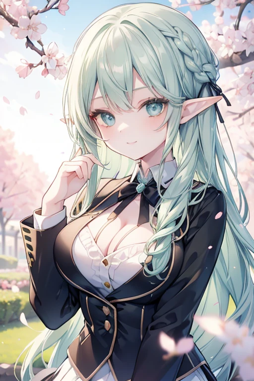 young girl, green silver hair, green blue eyes,beautiful and detailed eyes, big breasts, long hair,elf,european braid hairstyles, happy smile, black shirt,white blazer, black mini skirt, (cherry blossom garden )