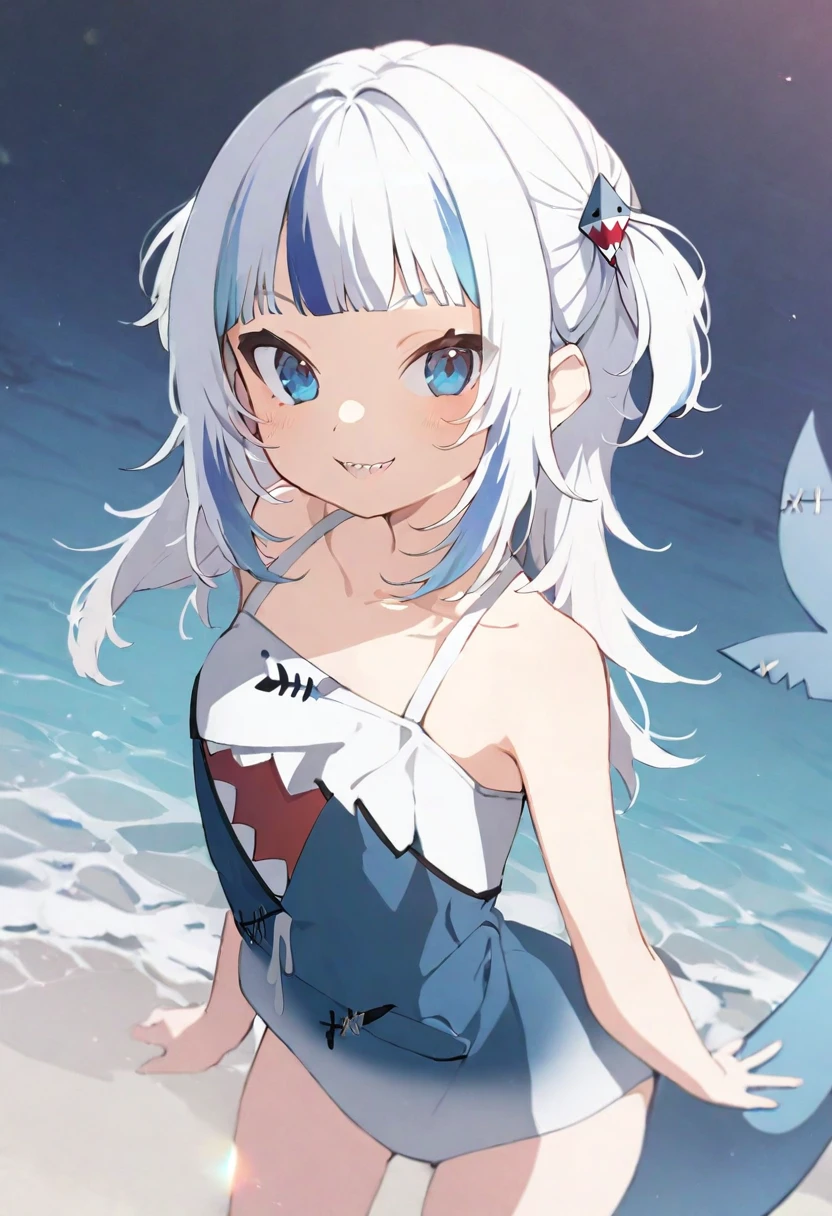 masterpiece, best quality, rating: general, <lora:Gawr_GuraSDXL:1> gawr gura, solo, tail, shark tail, shark girl, looking at viewer, smile, blush,bikini, beach