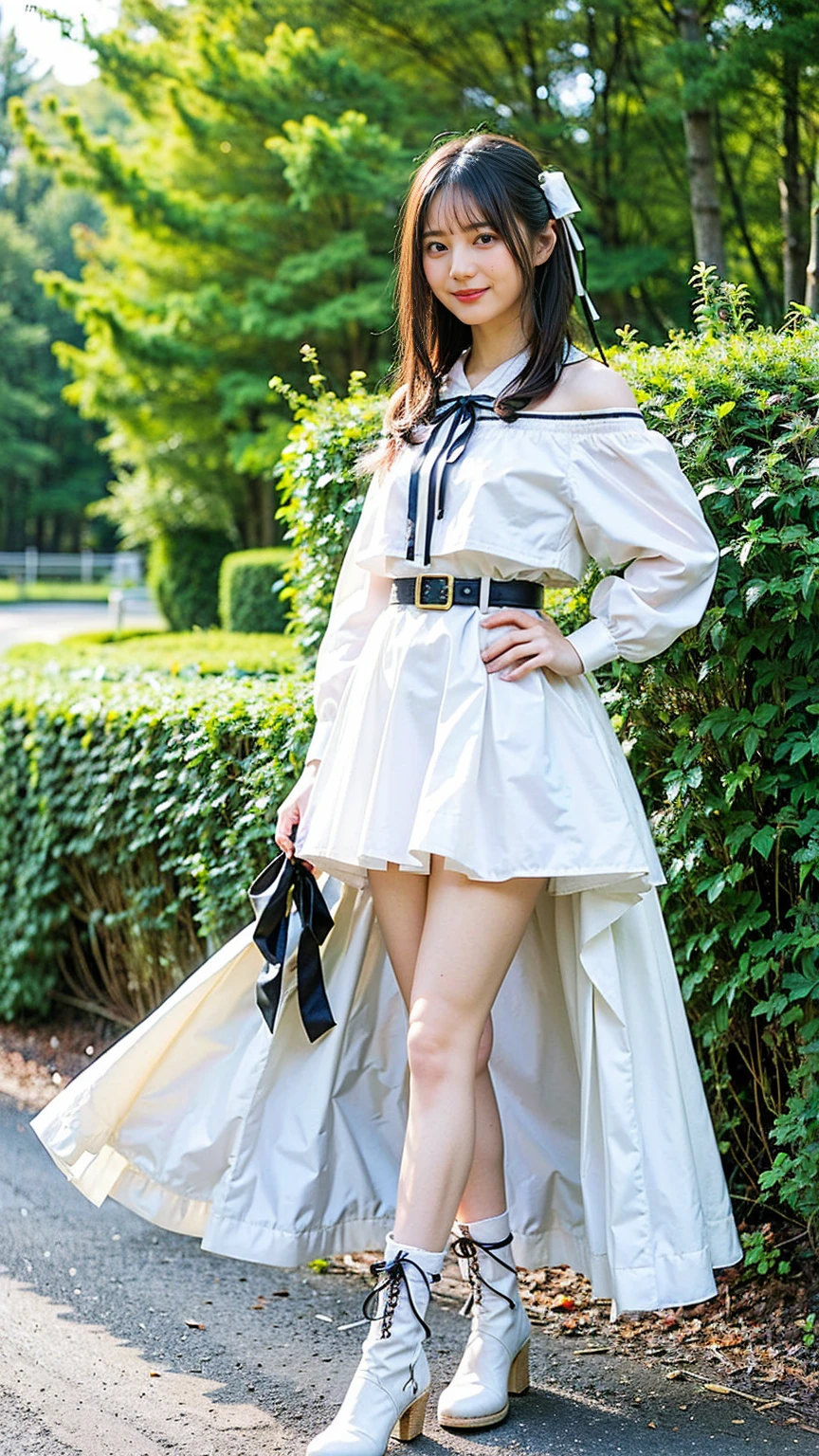(8K、RAW Photos、Highest quality、masterpiece:1.2)、(Realistic、Realistic)、1 Girl、((mini skirt、Black and white、Thin legs、whole body、boots、Clothes with ribbons、Anime Costumes、Chest ribbon、Off the shoulder、See-through、Frills、garden、smile、View from the front、Ribbon on chest、Looking into the camera、belt、Stand with hands on hips))、