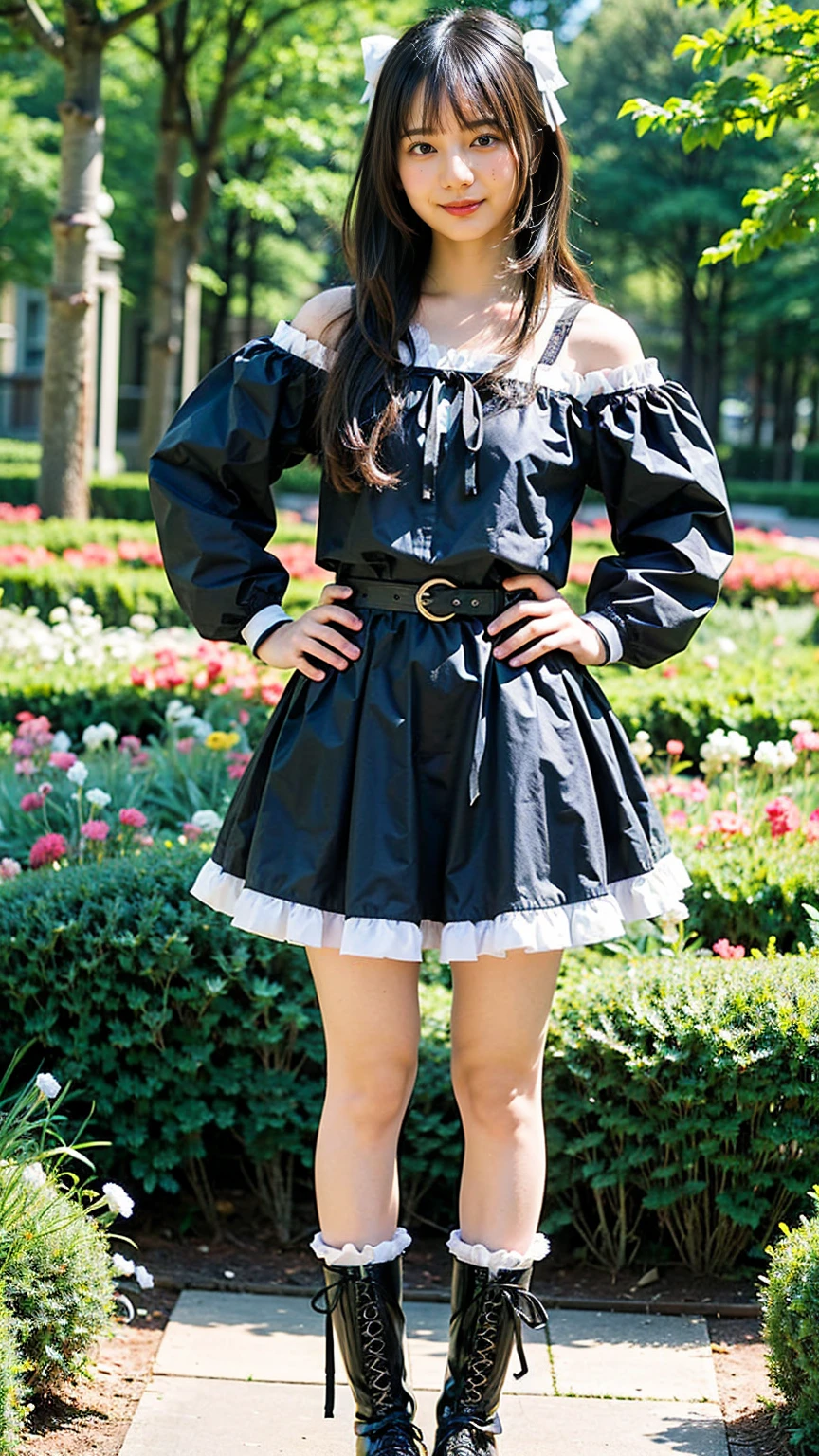 (8K、RAW Photos、Highest quality、masterpiece:1.2)、(Realistic、Realistic)、1 Girl、((mini skirt、Black and white、Thin legs、whole body、boots、Clothes with ribbons、Anime Costumes、Chest ribbon、Off the shoulder、See-through、Frills、garden、smile、View from the front、Ribbon on chest、Looking into the camera、belt、Stand with hands on hips))、