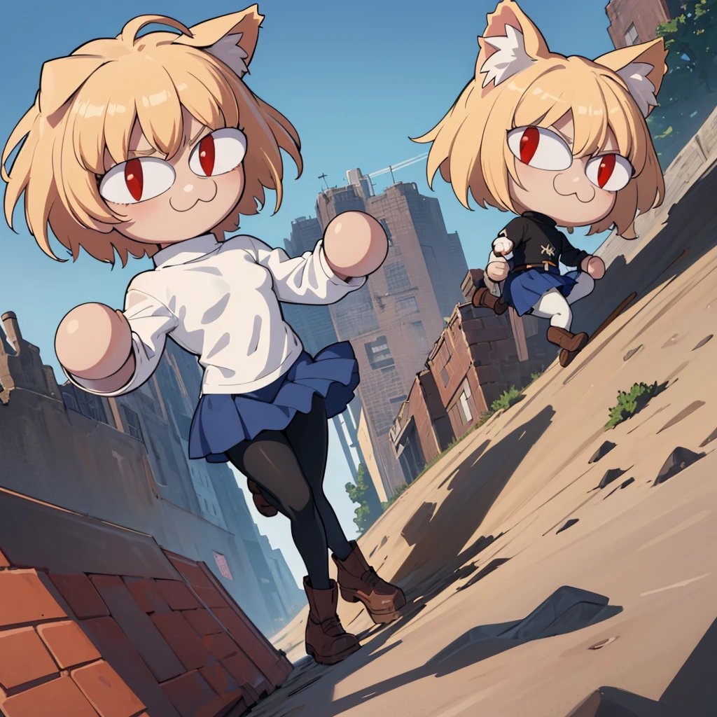 (masterpiece, best quality:1.2),  necoarc, slit pupils, cat ears, blonde hair, red eyes, chibi, 1boy, solo, white turtleneck, blue skirt, pleated skirt, brown footwear, pantyhose, outdoors, highlight thighs, :3, landscape, cool pose