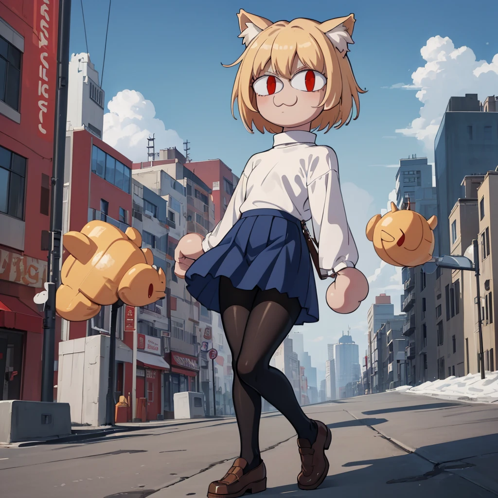 (masterpiece, best quality:1.2), necoarc, slit pupils, cat ears, blonde hair, red eyes, chibi, 1boy, solo, white turtleneck, blue skirt, pleated skirt, brown footwear, pantyhose, outdoors, highlight thighs, :3, landscape, cool pose