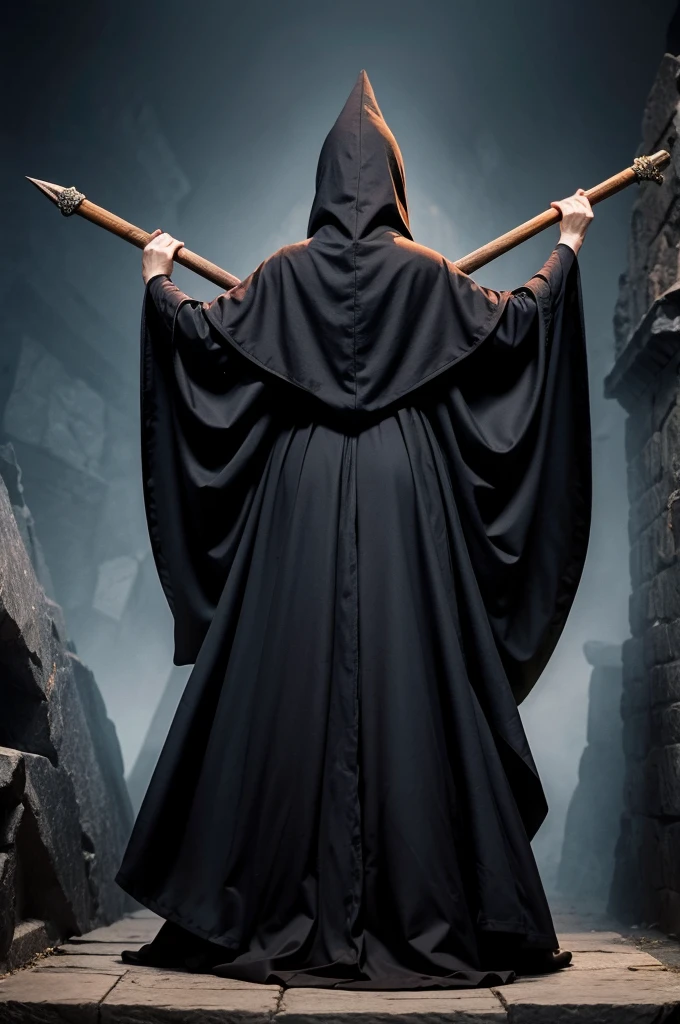 Witch woman from back and full body, direção diagonal, horizonte, with Harry Potter style wizard cloak, wizard robes, with wooden staff and diamond tip, hooded cloak movement, ancient wizard command and white background
