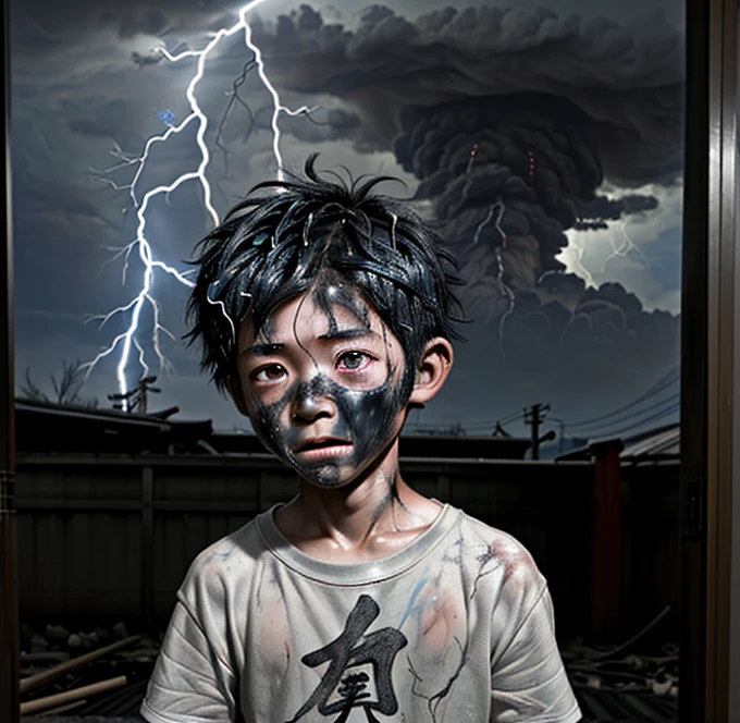 A small Japanese boy is struck by lightning on his way to school and is left covered in soot and in tatters after receiving an electric shock.