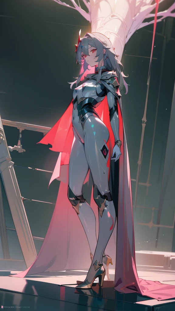 art, 8k, masterpiece, (front), divine, green_lightnings, (Fu_Hua), (Herrscher_of_Sentience), grey_hair, red_eyes, large_breasts, (plug_suit), greek_clothing, white_bodysuit, glowing_bodysuit, pink_accents, green_crystal_on_chest, high_heels, (mystical_armor), glowing_cape