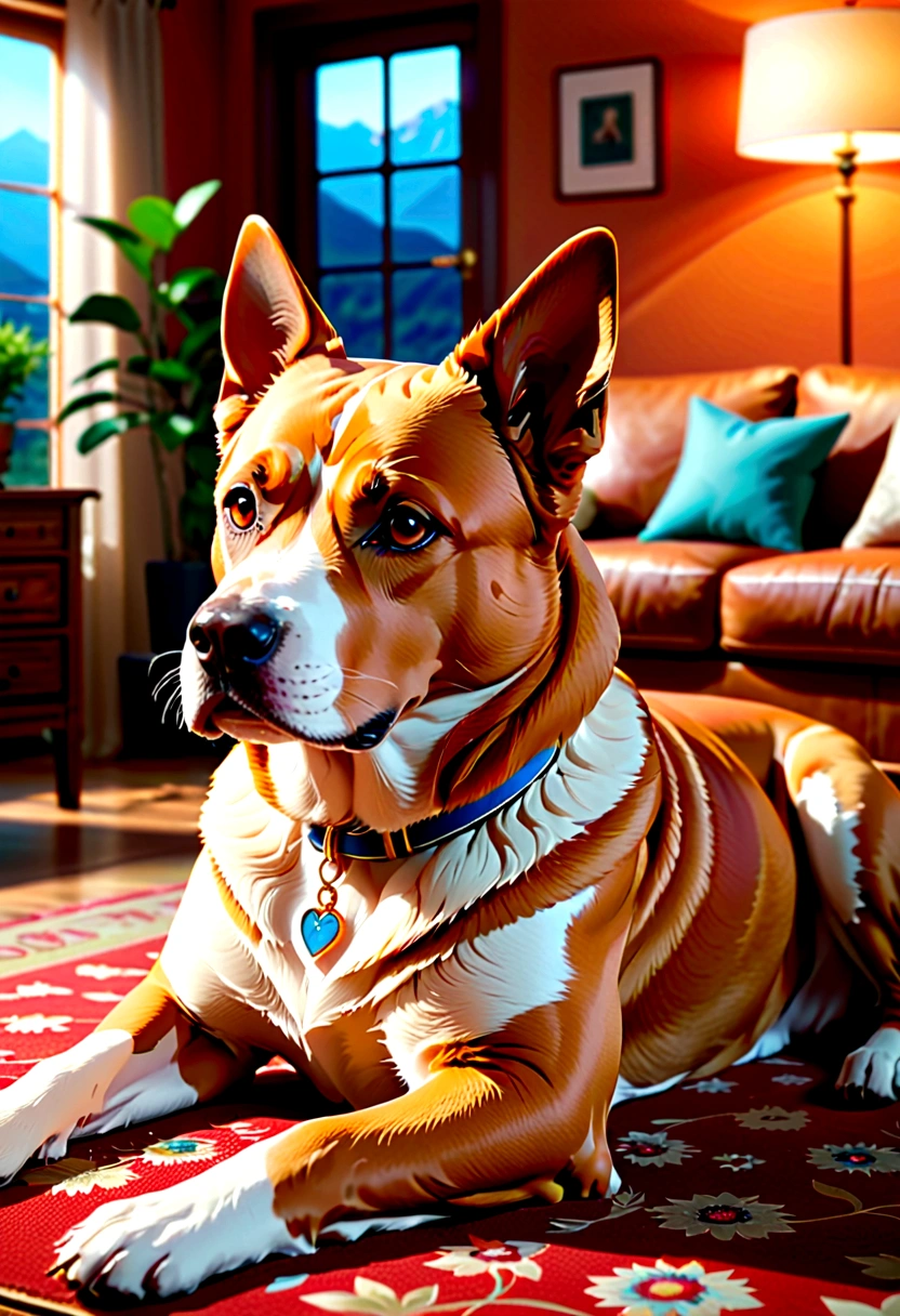 (masterpiece, Super Detail, High Detail, best quality, 8K, living room, Home lighting), (dog, Large dog)