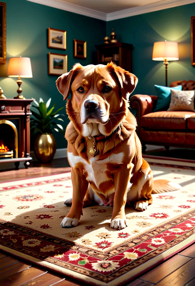 (masterpiece, Super Detail, High Detail, best quality, 8K, living room, Home lighting), (dog, Large dog)
