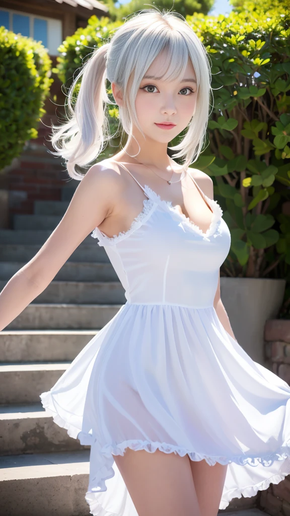 Some women have long white hair, A simple, thin one-piece dress worn by a beautiful girl, With slit, (Her skin is visible through her dress), Real life anime girls, , Baby Face, Sslender figure, Perfect white hair girl, Anime Girl Cosplay, Photorealistic Animation, Realistic anime 3D style, Realistic young anime girl, Ultra realistic anime, Twin tails, White Hair Girl, Photorealistic Animation girl render, Beautiful anime school girl, (Blooming Flowers々A fantastic and beautiful staircase background created by), (Detailed eyes and face:1.2, Professional photography techniques), Beautiful breasts, Cleavage, Slender body line, Small beautiful butt, Tight waist, ((smug face)), ((Hair fluttering:1.3, The dress is fluffy:1.4))