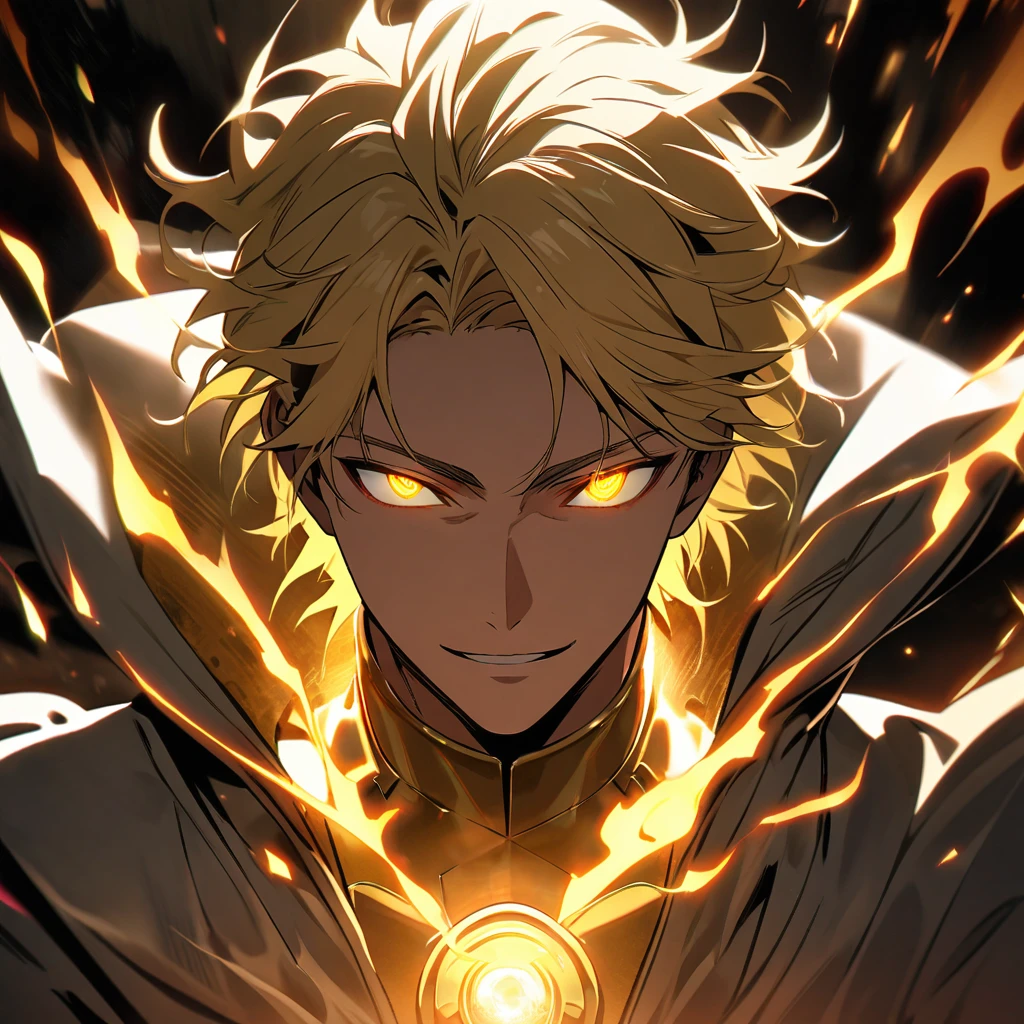 male, solo, handsome, blond hair, god, god eyes, glowing eyes, light, aura, holo, golden, smilling