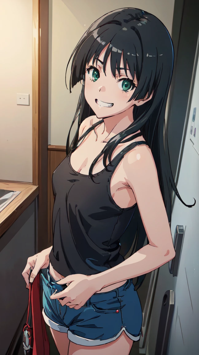  (High resolution:1.4), (masutepiece:1.2), (High quality:1.3) 1girl, saten ruiko, green eyes, long hair, black hair, small breast, tank top, hot pants, cinematic lighting,  pov, grin, dynamic angle, nsfw