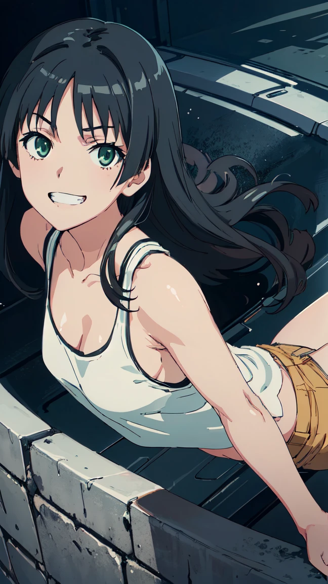 (High resolution:1.4), (masutepiece:1.2), (High quality:1.3) 1girl, saten ruiko, green eyes, long hair, black hair, small breast, tank top, hot pants, cinematic lighting, pov, grin, dynamic angle, nsfw
