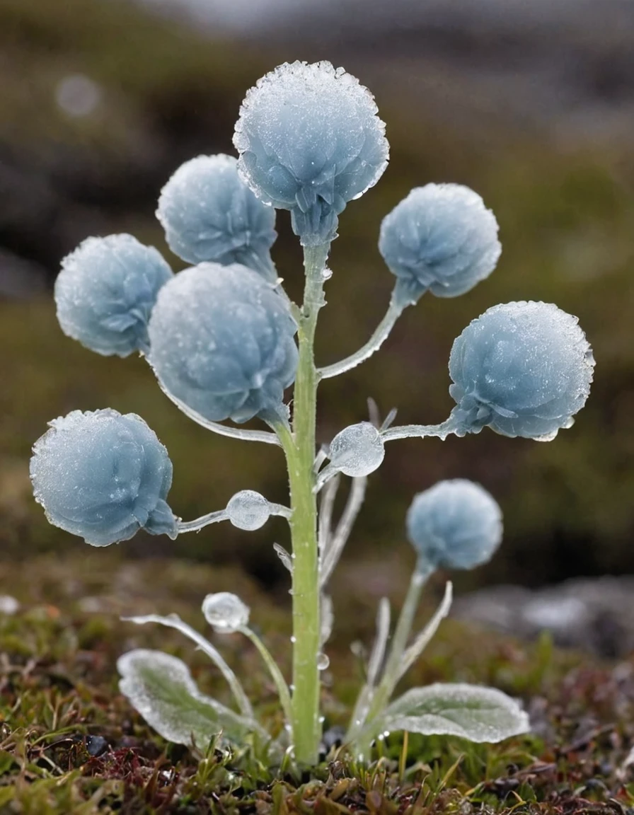 The Shiverbug pigment comes from a rare and fascinating plant called the Shiverbug, which only grows in the most remote and cold regions of the arctic tundra. The Shiverbug plant is known for its luminescents, krystallinske blade, der skinner med en blålig glød under månelyset, and its delicacy, silvery stems, som ser ud til at være lavet af is.
The plant thrives in snowy valleys, where it grows in small clusters, often hidden between snowdrifts and ice blocks. During the day, the Shiverbug looks almost transparent, but at night it reveals its magical nature with a hypnotic, flickering brightness, which attracts arctic night birds and insects.
In its natural habitat, the Shiverbug plant stands as a small shining jewel in the arctic night, a source of beauty and mystery in the otherwise harsh and barren landscape.