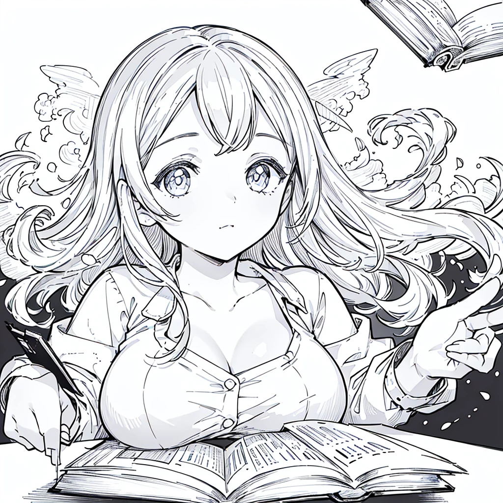 A girl,close up, wearing white shirt, reading a book, (best quality:1.3), (highres:1), (detailed:1.3), (incredible:1.3), (perfect:1.3), (perfection:1.3), (illustration:1.3), she's getting fun while reading it, dynamic on scene,Big Breasts