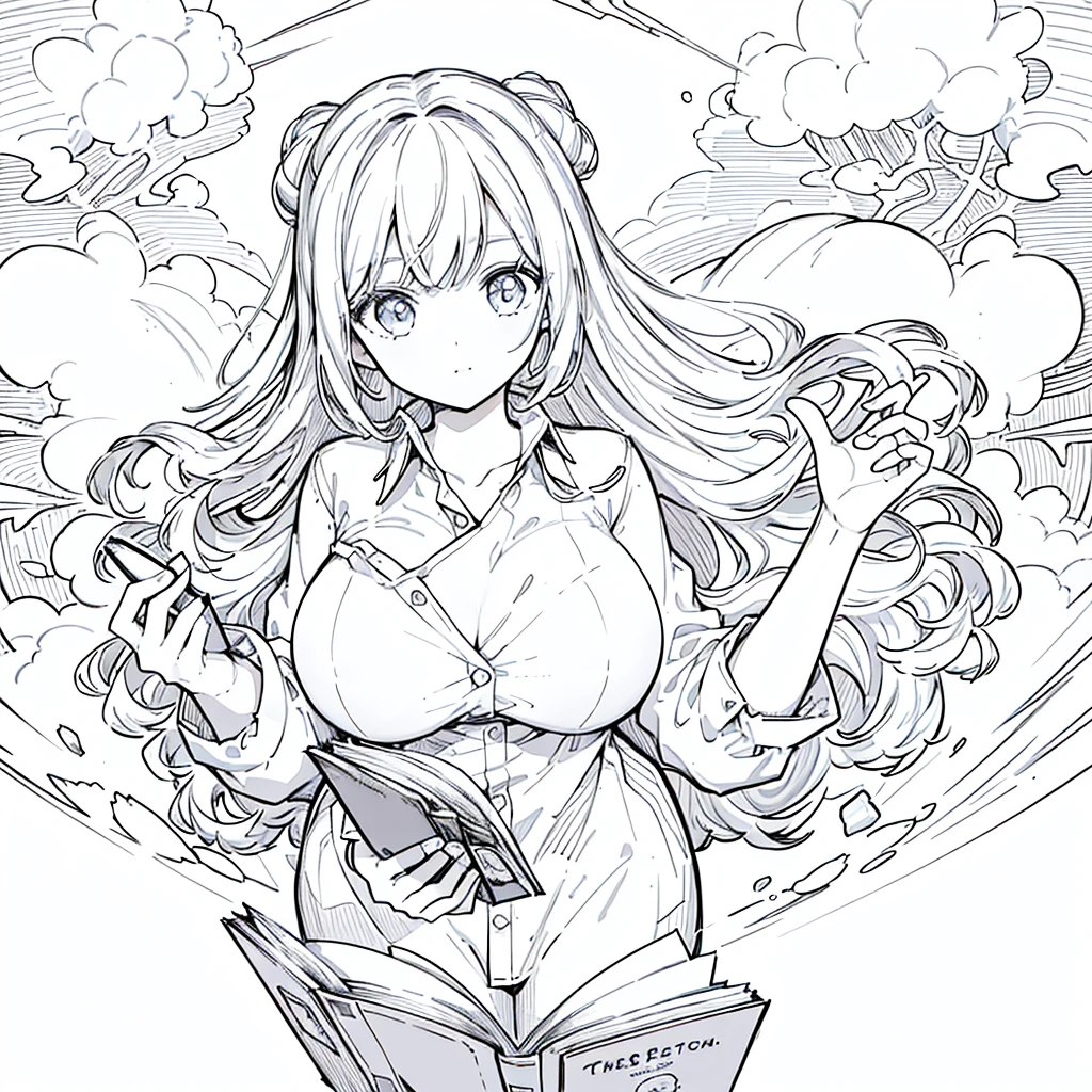 A girl,close up, wearing white shirt, reading a book, (best quality:1.3), (highres:1), (detailed:1.3), (incredible:1.3), (perfect:1.3), (perfection:1.3), (illustration:1.3), she's getting fun while reading it, dynamic on scene,Big Breasts
