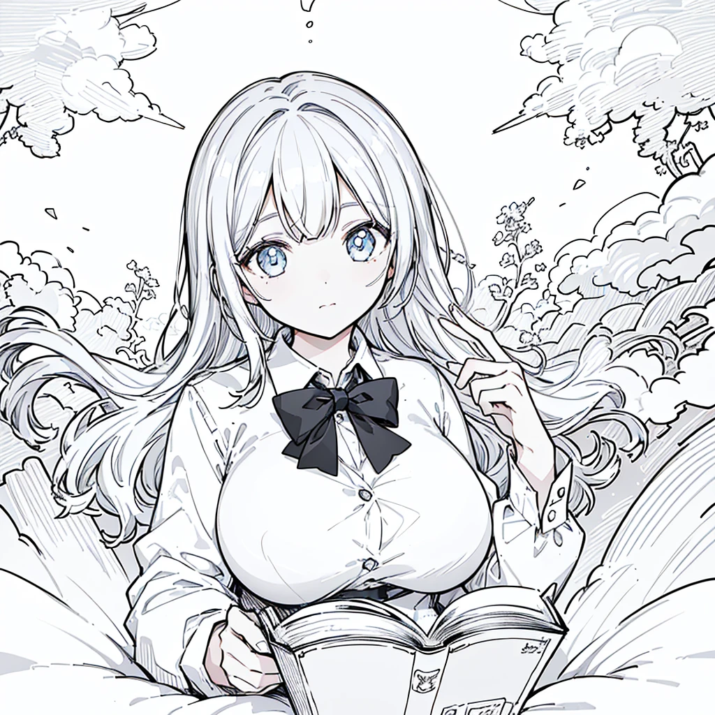A girl,close up, wearing white shirt, reading a book, (best quality:1.3), (highres:1), (detailed:1.3), (incredible:1.3), (perfect:1.3), (perfection:1.3), (illustration:1.3), she's getting fun while reading it, dynamic on scene,Big Breasts