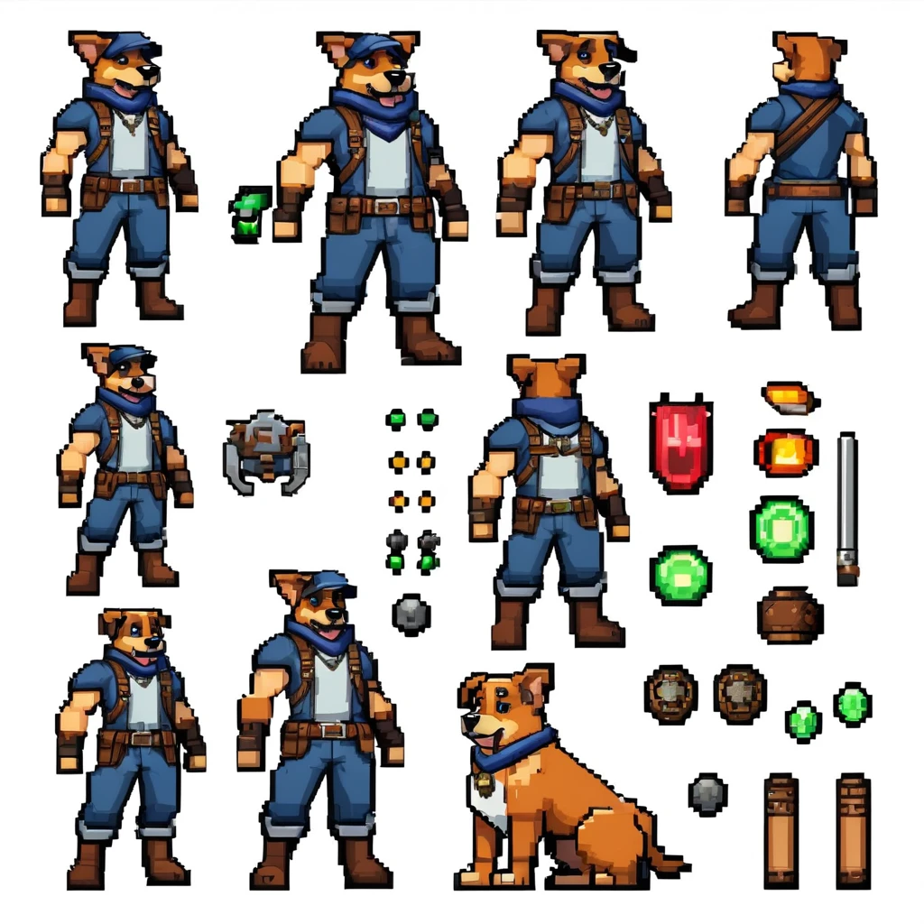 Pixel Art,Pixel Art,Create an original character design sheet,The protagonist of the game,dog,Adventurer's Clothing,Natural perm,Musical Instruments,travelling poet,((3 Views,whole body,background,multiple views,high resolution)),multiple views,Multiple poses,initiative,Action poses,dynamic,pretty,cute,masterpiece,Highest quality,detail,grace,role play,comedy,Multiple roles,A variety of clothing,Final Fantasy,Bold,