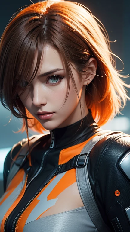 beautiful woman wears jumpsuit in the style of light gray and orange, cyberpunk manga, loose handling of paint, xbox 360 graphics, mechanical designs, close up, charming characters