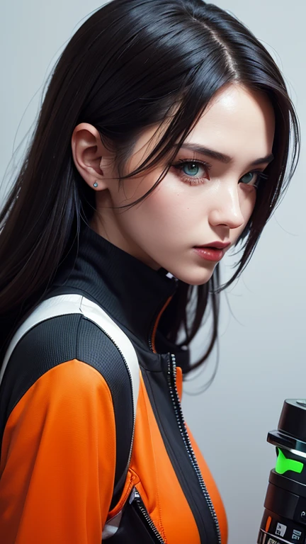 beautiful woman wears jumpsuit in the style of light gray and orange, cyberpunk manga, loose handling of paint, xbox 360 graphics, mechanical designs, close up, charming characters