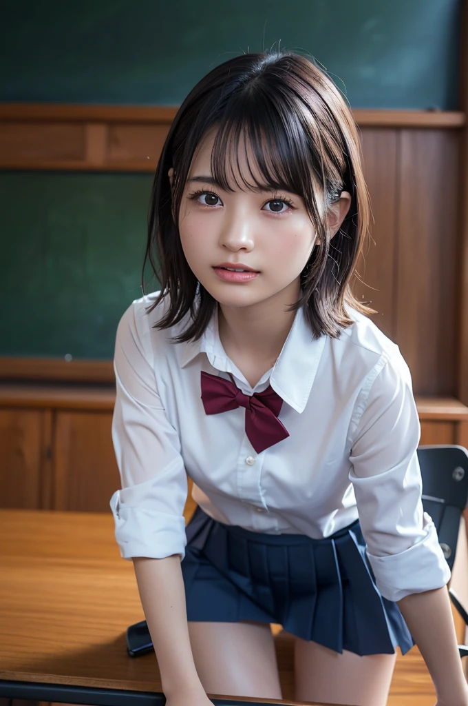 Tabletop, highest quality, Japanese Girls,One Girl, 8k, RAW Photos, highest quality, Tabletop, Debtdebt:1.2, Highly detailed RAW color photos, Professional photos, (Realistic, Realistic:1.37), (Highly detailed skins:1.2), Ultra-high resolution, (Lenz 50mm), (debt/1.2),Exquisitely drawn eyes,Gazing at the audience,
One Girlと別れる (Many elderly people:1.4), Beautiful Face, cute,(smile:1.05),(20-year-old, Wide Hips,Straight hair, (short hair), iris, white and fine-grained skin,Small Mouth, high cheekbones (meaning), Sexy pose,(Leaning forward:1.3),(The to the debtW:1.1),White panties、Korean Idol、Nogizaka Idol、Carving an idol pose、Adult、、(Tabletop, highest quality:1.3), (Ultra-fine 8K CG:1.2), (Ultra-realistic:1.35), (Realistic:1.45), (Realistic:1.4), Cowboy Shot,
Beautiful Japanese Women, 22 years old, Supermodel, Japanese Idols, , (Sitting at a desk:1.1), (school uniform:1.4), (Skirt flip:1.6),
(School classroom background:1.1),