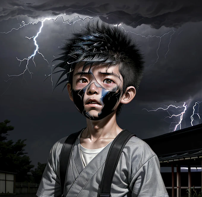 A small Japanese boy is struck by lightning on his way to school, leaving him electrocuted and covered in soot