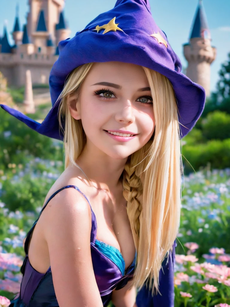 dark magician girl, masterpiece, best quality, (1girl), solo, (water), long hair, blonde hair, blue headwear, wizard hat, spell casting, castle, castle:2, motion blur, book, magic, (moonlight:1.2), chromatic aberration, depth of field, soft lighting, highly detailed face, highly detailed eyes,