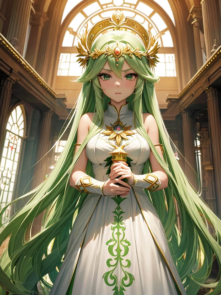 anime girl in a white dress with long blonde hair and a green and white dress, anime goddess, palutena, the goddess artemis smirking, lady palutena, portrait knights of zodiac girl, official art, ((a beautiful fantasy empress)), the godess hera looking angry, blonde anime girl with long hair, ancient goddess, anime visual of a cute girl