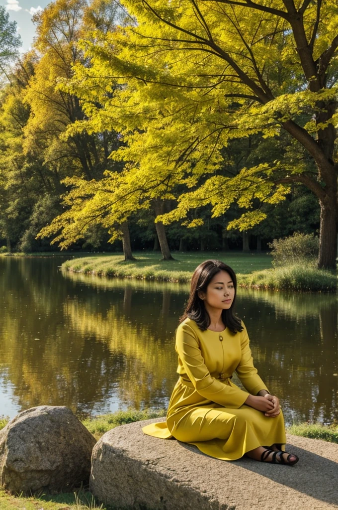 A woman sitting on a stone in front of a lake in a field with trees with yellow leaves the woman represents peace and tranquility