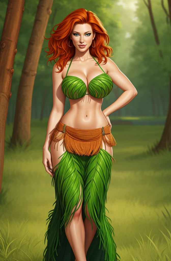 Jennifer Korbin wearing a grass skirt, ginger hair