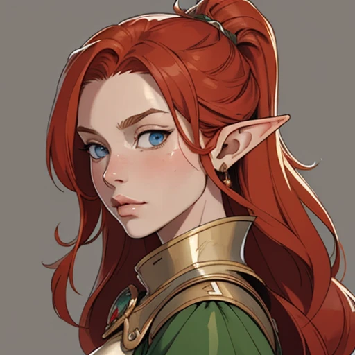 A girl with red hair with elf ears looking ahead with a seductive look In a green costume in nature 