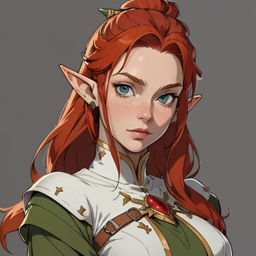(masterpiece), (best quality),(portrait),(bust up),1girl,solo,(sharp focus),(look at viewer),elf, (redhead),(elf ranger) ,adult, (ancient:1),ancient luxurious long clothes,old school fantasy art,((simple background)),super shiny face