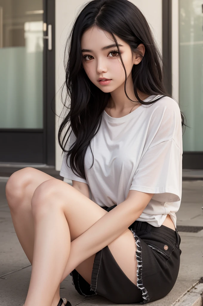 draw a girl with messy black hair, brown eyes wearing a large, loose shirt reaching to her knees and shorts dirty