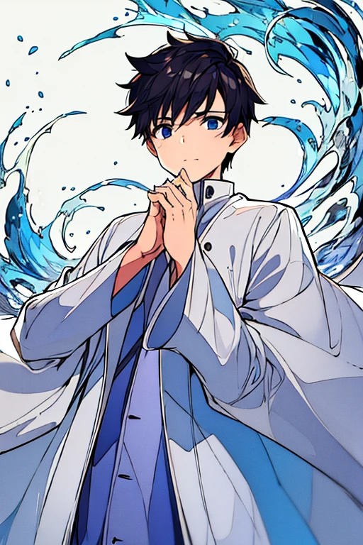 A boy with a white coat and the sleeves covered his little hands,The boy's hair was brown and short,his small eyes were yellow like the sun,your dark jeans are wide,wore comfortable shoes,the boy was at school and on a bench.