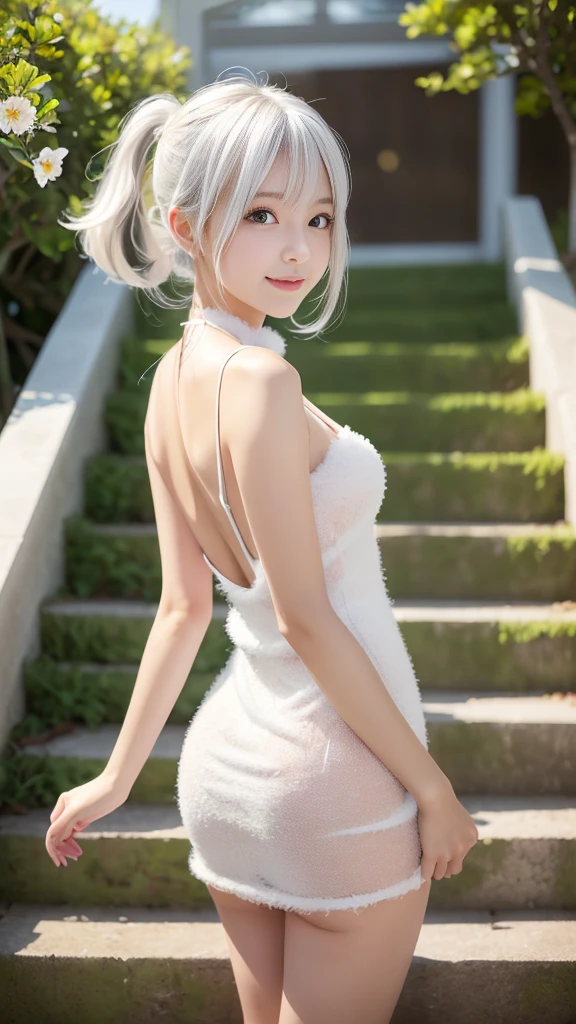 Some women have long white hair, A simple, thin one-piece dress worn by a beautiful girl, With slit, (Her skin is visible through her dress), Real life anime girls, , Baby Face, Sslender figure, Perfect white hair girl, Anime Girl Cosplay, Photorealistic Animation, Realistic anime 3D style, Realistic young anime girl, Ultra realistic anime, Twin tails, White Hair Girl, Photorealistic Animation girl render, Beautiful anime school girl, (Blooming Flowers々A fantastic and beautiful staircase background created by), (Detailed eyes and face:1.2, Professional photography techniques), Beautiful breasts, Cleavage, Slender body line, Small beautiful butt, Tight waist, Cute Smile, ((Hair fluttering:1.3, The dress is fluffy:1.4))