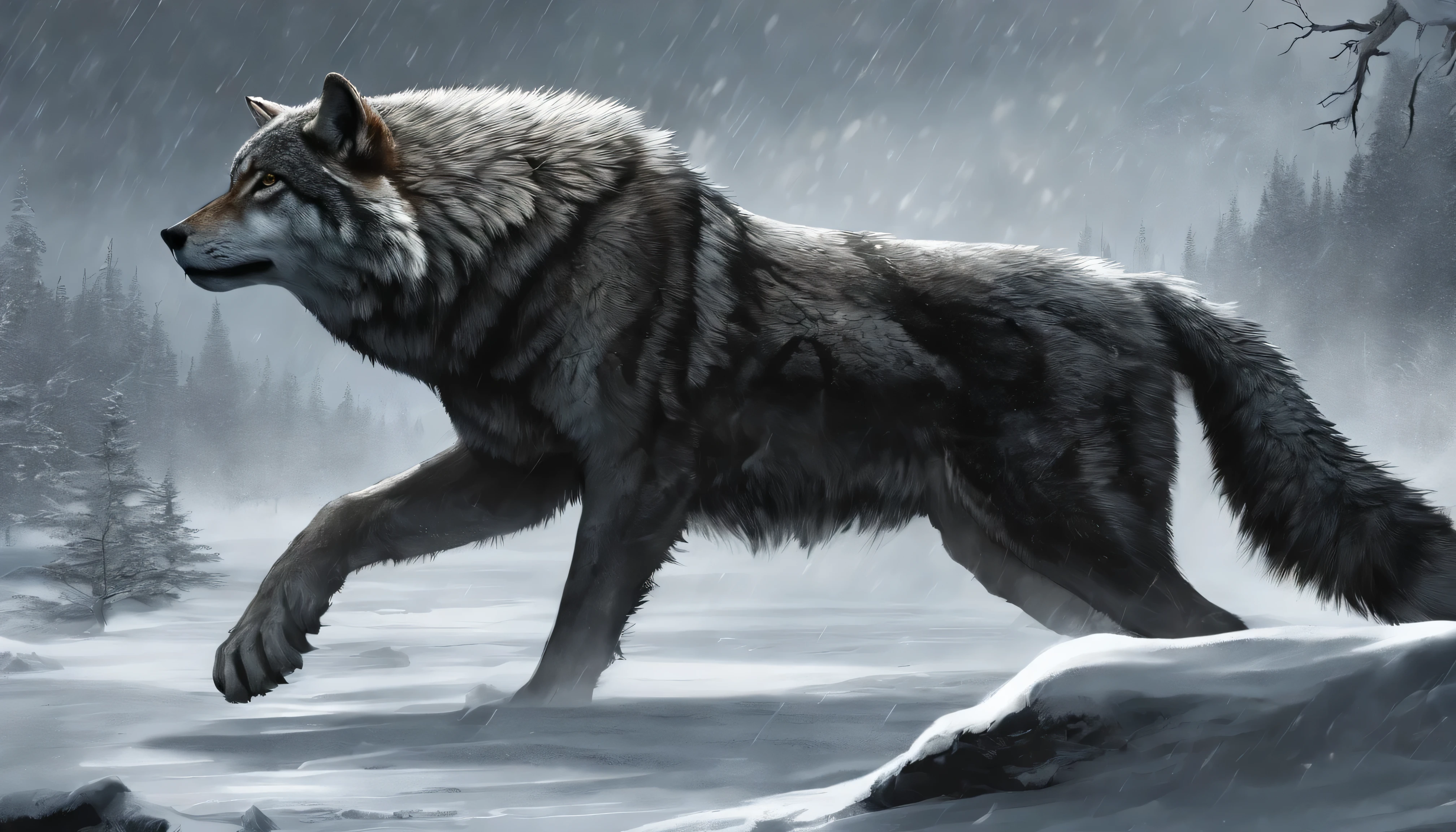 Amidst a raging snowstorm, emerging from the shadows, a tall, masculine, and immensely lean mascular sad,deppressed,extremely injured, exhausted ,covered in blood,saber-tooth tiger with huge, massive and big fangs reaching his chest with long tail, Each muscle on his body is distinctly visible, sculpted in a manner that exudes raw power and dominance, dripping with water from the melting ice that once encased him.
Blood drips from numerous scars evidence of a victorious battle with a pack of gray wolves lifeless bodies now lay scattered around him.
His eyes glowing red intensely as if charged with some primordial energy, cutting through the heavy snowfall with their eerie light. His entire presence is both fearsome and awe-inspiring, a master of his frozen domain.
From a side angle in a long-shot view, you can see his full body, each sinew and contour exaggerated by the harsh, snowy backdrop. The snow swirls violently around him, adding to the dramatic scene, undeterred by the severe weather. The relentless snowstorm howls in the background, but the saber-tooth remains a focal point, a formidable force of nature, emerging victorious from the chaos