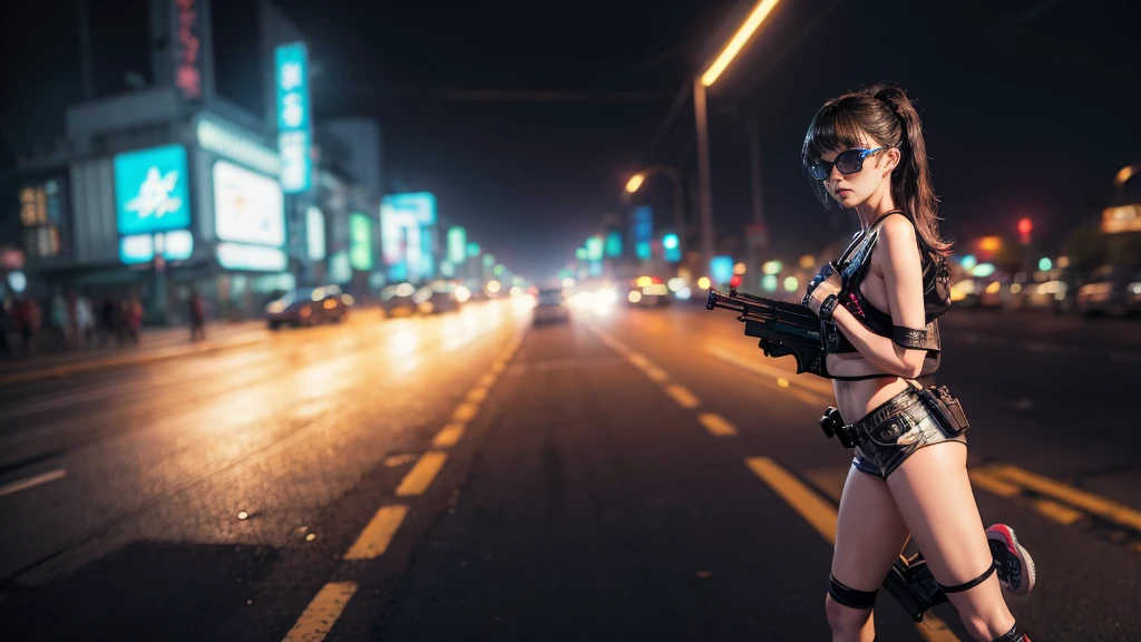 8k, Realistic Skin Texture, Realistic Photo, Neo Tokyo, slim women, large-breast:1.3 cleavage:1.2, AD2050 at night, Dirty hunting jacket, Wearing tube top, miniskirt, (((black sunglasses, automatic rifle, sneakers, cold, shooting pose, very low angle view))), Innovative composition, revenge, cyberpunk, blade runner worldview, Large neon sign, Geisha hologram sign, Strong Wakamoto Sign.