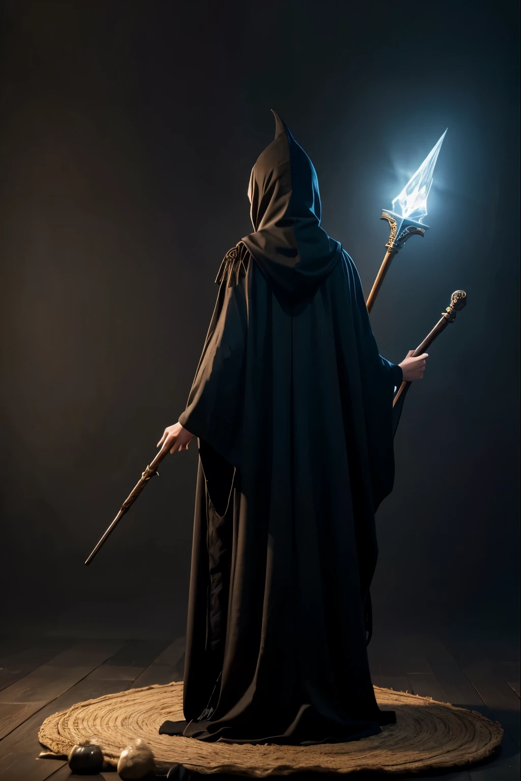Witch woman from back and full body, looking to the horizon, with wizard's cloak, wizard's robes, with wooden staff and diamond tip, hooded cloak movement, ancient wizard's command and white background
