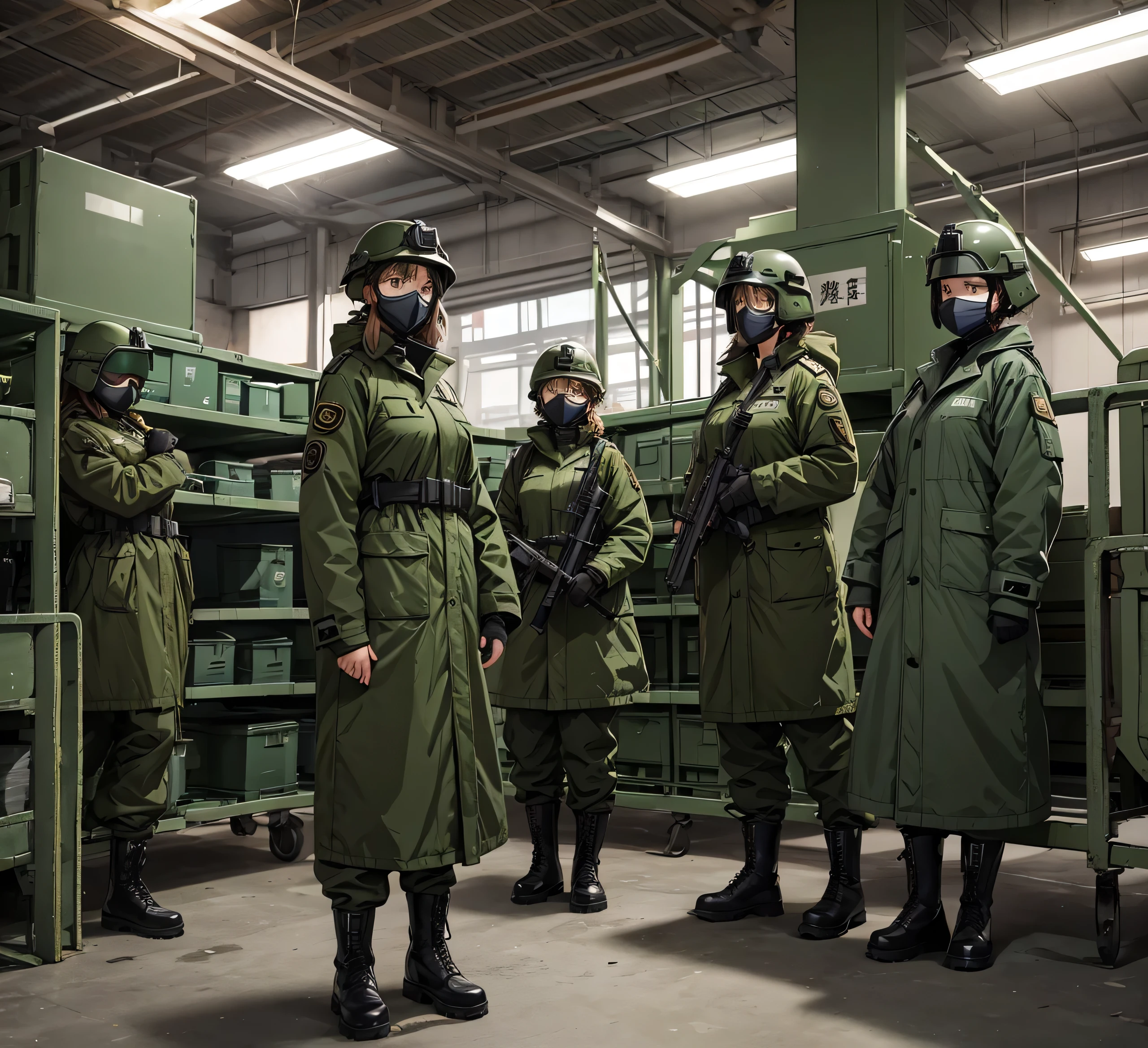 Four female soldiers all wearing dark green thick coats、helmet、Gas Mask、Goggles、Standing side by side、Indoor warehouse、It's snowing outside、masterpiece、best quality、Highly detailed CG、8K picture quality