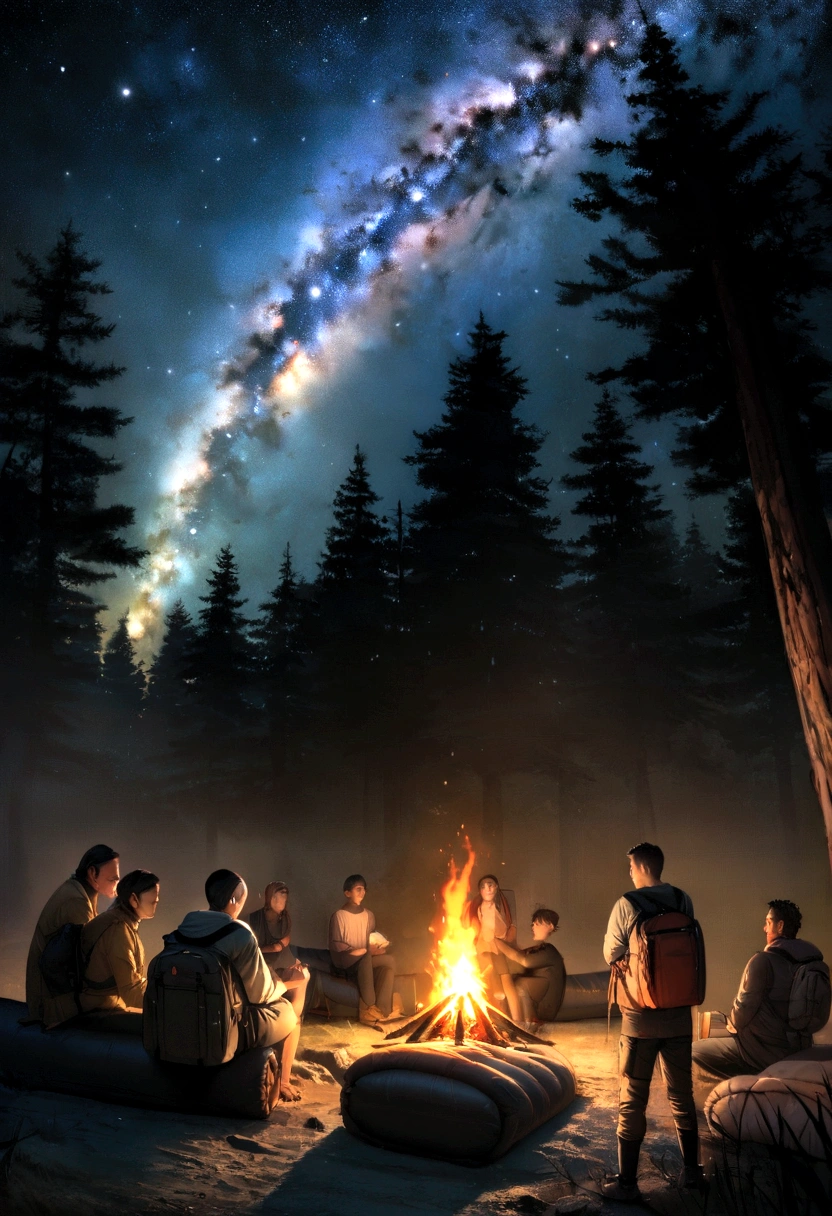 (best quality), (superior quality). Nighttime camping scene featuring a group of Male friends beneath a starlit sky. The campsite is set within a clearing surrounded by tall trees. A campfire is burning at the center, casting flames and amber light. The night sky is clear and filled with bright stars, with the Milky Way visible as a band of light stretching across the firmament. The friends are seated on makeshift logs, surrounded by sleeping bags, backpacks, and camping gear. There's one person facing them standing up almost like giving a class .One person is playing a guitar, producing melodic notes while the other friends are praying and worshiping God. Raw,Award-wining. Realistic image.