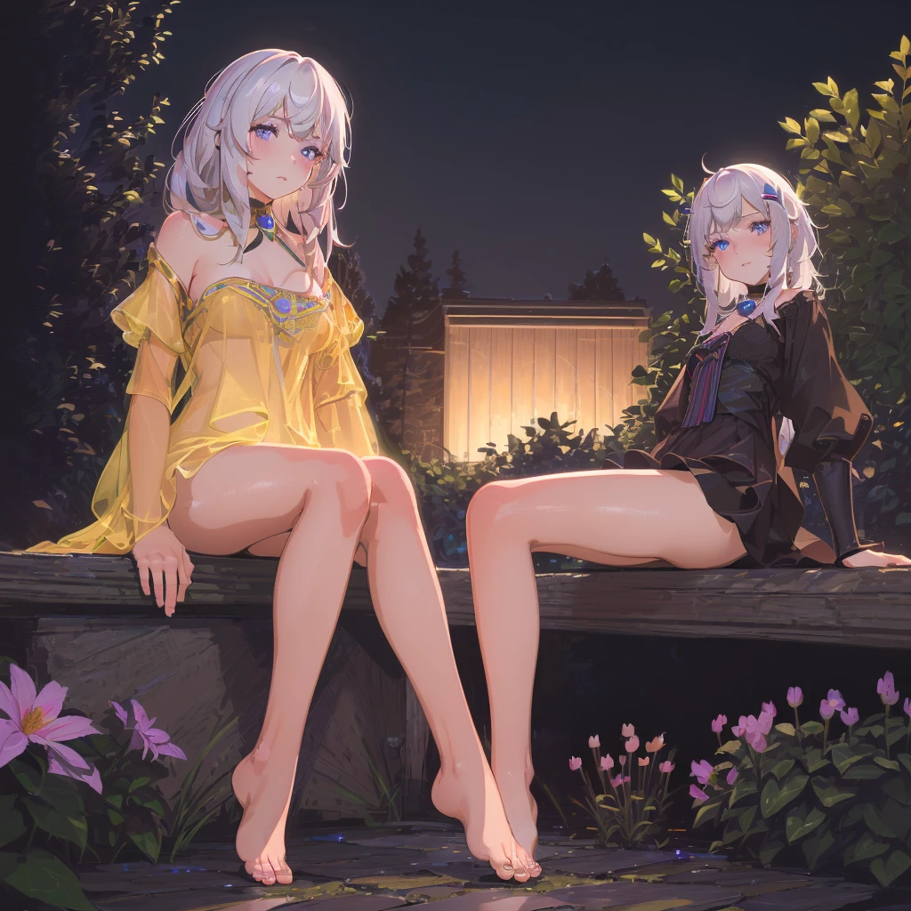 (best quality,4K,8K,high resolution,masterpiece:1.2),Extremely detailed,(Practical,photoPractical,photo-Practical:1.37),illustration,Soft lighting,White hair girl,Deep purple eyes,Glowing eyes,sit down,barefoot,blush,In the garden at night,Flowers.