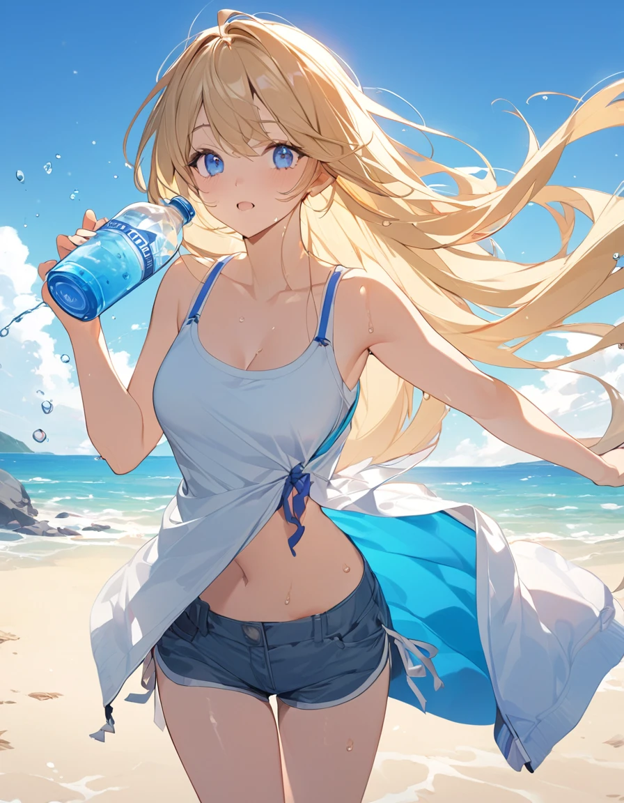 (Top quality illustrations:1.2), (pretty girl:1.1), (1 girl、17 years old、Top quality illustrations:1.2), (1 girl、Kind eyes、blue eyes:1.2)、Blonde、Semi-long hair、Mature、Beautiful breasts 、Tank top、Shorts、summer、blue sky、Sweat、profile、Drink water、PET bottles、Wet