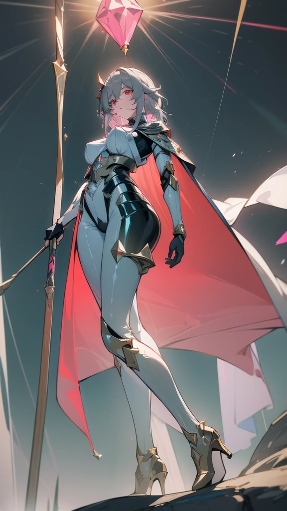 art, 8k, masterpiece, (Fu_Hua), (Herrscher_of_Sentience), grey_hair, red_eyes, (plug_suit), white_bodysuit, glowing_bodysuit, pink_accents, green_crystal_on_chest, high_heels, (mystical_armor), glowing_cape