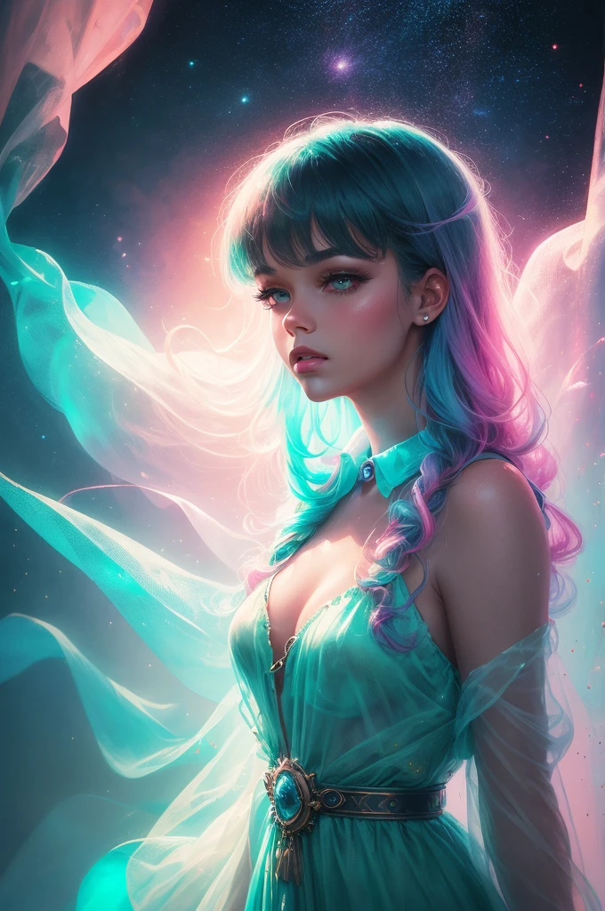 (fluorescent colors:1.4),(translucent:1.4),(retro filters:1.4), (fantasy:1.4), candy world Disney land ethereal soft fluffy soft landscape forest snowavatar Pastel pink sky green blue sparkle ethereal light pastel whimsical light rainbow stars diamonds sparkle gemstone background hyper realistic Ultra quality cinematic lighting immense detail Full hd painting Well lit,diagonal bangs,, collared dress,on side, masterpiece, best quality,realskin,(portrait:1.5), 1girl, blunt bangs, long hair