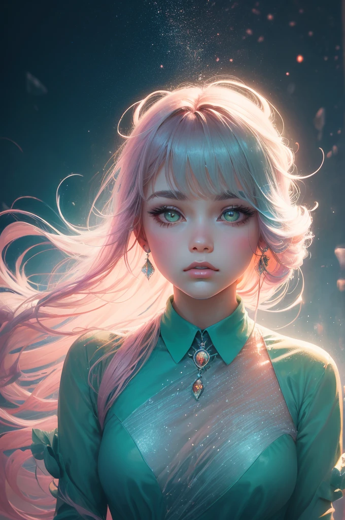 (fluorescent colors:1.4),(translucent:1.4),(retro filters:1.4), (fantasy:1.4), candy world Disney land ethereal soft fluffy soft landscape forest snowavatar Pastel pink sky green blue sparkle ethereal light pastel whimsical light rainbow stars diamonds sparkle gemstone background hyper realistic Ultra quality cinematic lighting immense detail Full hd painting Well lit,diagonal bangs,, collared dress,on side, masterpiece, best quality,realskin,(portrait:1.5), 1girl, blunt bangs, long hair
