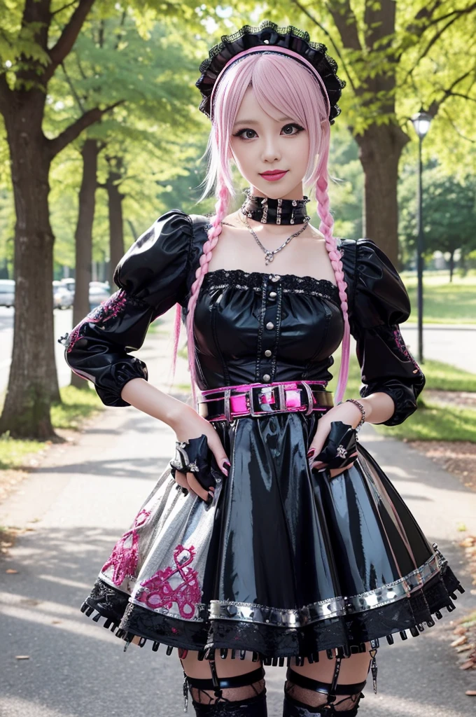 sexy stylish Swedish model, only 1 female, ((doll-like appearance)), very short neon pink stylish hair, ((shiny Punk-Style boots)), (happy smile), ultra detailed eyes, long lashes, metallic makeup, lip-gloss, ((sexy Punk ta cosplay)), unconventional skirt, petticoats, high neckline, ((ultra detailed lace)), ((ultra detailed embroidery)), intricate details, tartan patterns, (silver chains), (silver spikes), Punk Loliccessoires, Punk Lolita cr, ((large sparkling Punk Lolita jewel, cinematic light, detailed large park background with trees